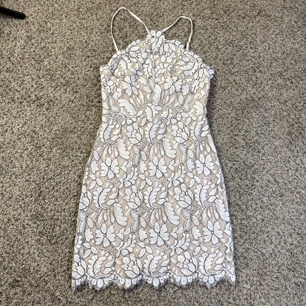 Lulus Dress Women S White Nude Lace Mini Cocktail Halter Sleeveless Floral Lace